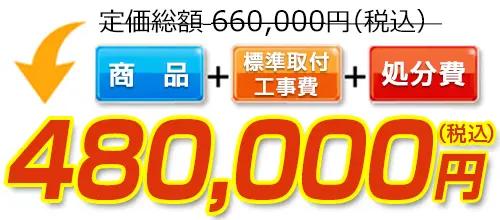 660,000円(税込)のところ480,000円(税込)でご提供。商品＋標準取付工事費＋処分費込みのお値段です。